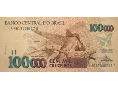 Банкнота Бразилия 100000 (сто тысяч) крузейро 1992 год. Pick 235a. UNC