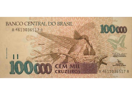 Банкнота Бразилия 100000 (сто тысяч) крузейро 1992 год. Pick 235a. UNC