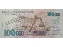 Банкнота Бразилия 100000 (сто тысяч) крузейро 1992-93 год. Pick 235b. UNC
