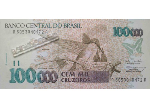 Банкнота Бразилия 100000 (сто тысяч) крузейро 1992-93 год. Pick 235b. UNC