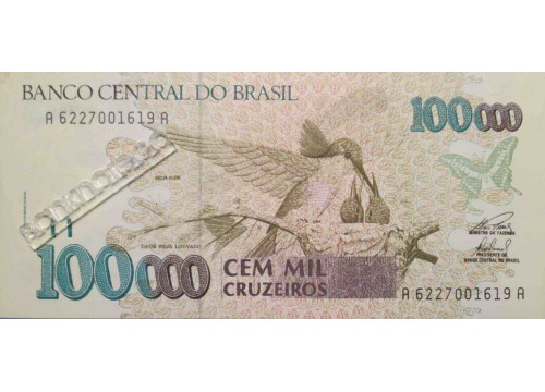 Банкнота Бразилия 100000 (сто тысяч) крузейро 1992-93 год. Pick 235c. VF