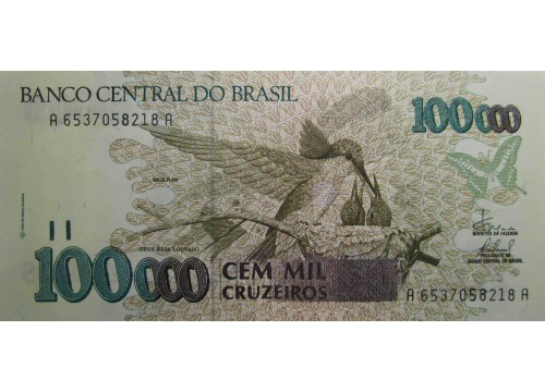 Банкнота Бразилия 100000 (сто тысяч) крузейро 1993 год. Pick 235d. UNC