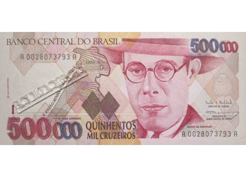 Банкнота Бразилия 500000 (пятьсот тысяч) крузейро 1993 год. Pick 236a. UNC