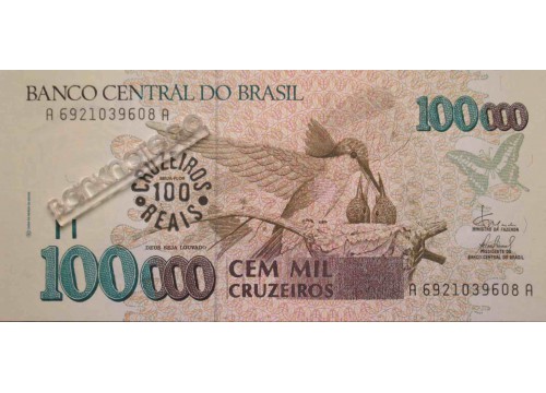 Банкнота Бразилия 100000 (сто тысяч) крузейро 1993 год. Pick 238. UNC