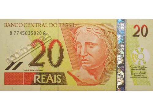 Банкнота Бразилия 20 (двадцать) реалов 2002-10 год. Pick 250e. UNC