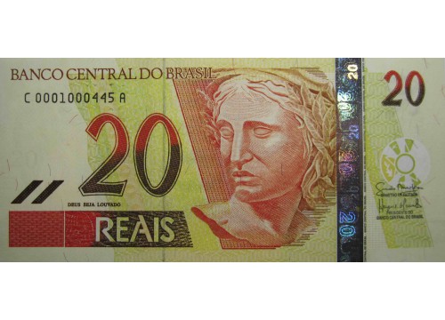 Банкнота Бразилия 20 (двадцать) реалов 2002 год. Pick 250f. UNC