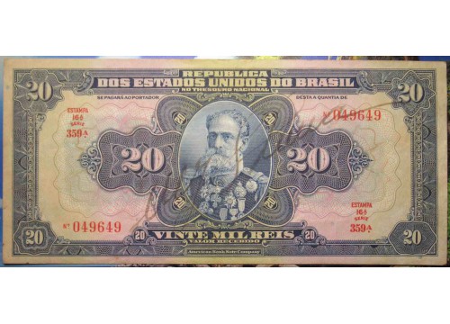Банкнота Бразилия 20 (двадцать) крузейро 1931 год. Pick 48c. VF