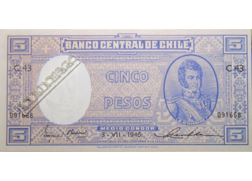 Банкнота Чили 5 (пять) песо 1946 год. Pick 102b. UNC
