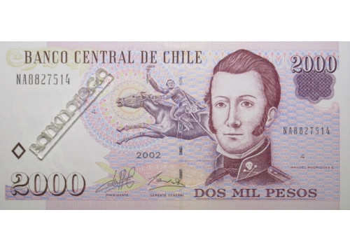 Банкнота Чили 2000 (две тысячи) песо 2002 год. Pick 158a. UNC