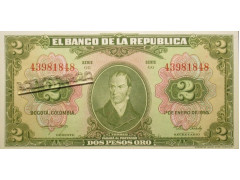 Банкнота Колумбия 2 (два) песо 1955 год. Pick 390d. UNC