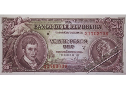 Банкнота Колумбия 20 (двадцать) песо 1953 год. Pick 401a. UNC