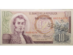 Банкнота Колумбия 10 (десять) песо 1974 год. Pick 407e. UNC