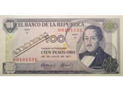 Банкнота Колумбия 100 (сто) песо 1971 год. Pick 410c. UNC