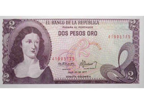 Банкнота Колумбия 2 (два) песо 1977 год. Pick 413b. UNC