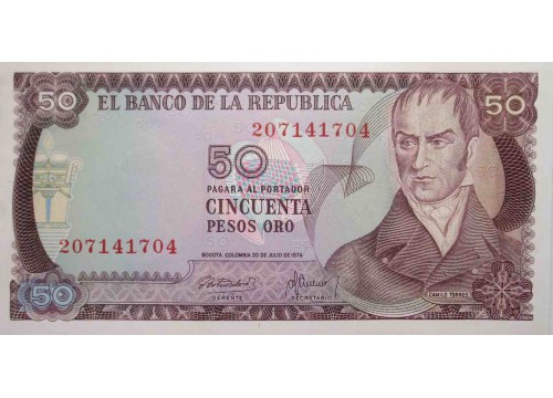 Банкнота Колумбия 50 (пятьдесять) песо 1974 год. Pick 414. UNC