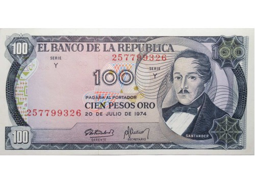 Банкнота Колумбия 100 (сто) песо 1974 год. Pick 415. UNC