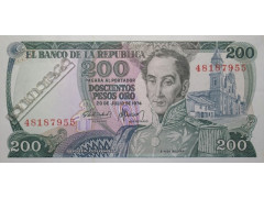 Банкнота Колумбия 200 (двести) песо 1974 год. Pick 417a. UNC