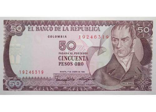 Банкнота Колумбия 50 (пятьдесять) песо 1986 год. Pick 425b. UNC
