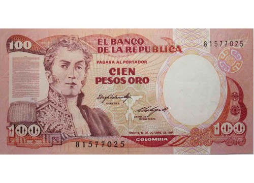 Банкнота Колумбия 100 (сто) песо 1984 год. Pick 426a. UNC