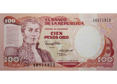 Банкнота Колумбия 100 (сто) песо 1987 год. Pick 426c. UNC
