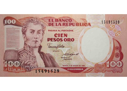 Банкнота Колумбия 100 (сто) песо 1989 год. Pick 426d. UNC