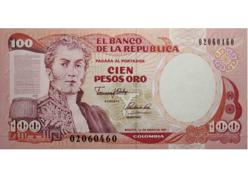 Банкнота Колумбия 100 (сто) песо 1991 год. Pick 426e. UNC