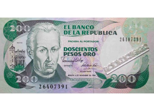 Банкнота Колумбия 200 (двести) песо 1989 год. Pick 429d1. UNC
