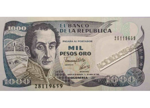 Банкнота Колумбия 1000 (тысяча) песо 1992 год. Pick 432A3. UNC
