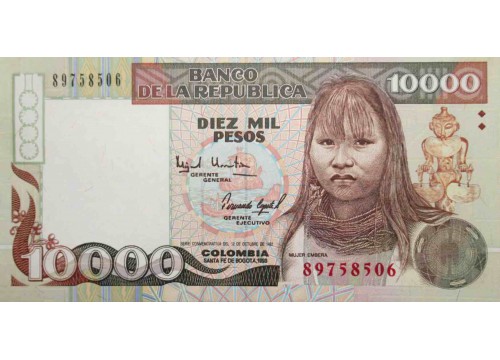 Банкнота Колумбия 10000 (десять тысяч) песо 1993 год. Pick 437A. UNC