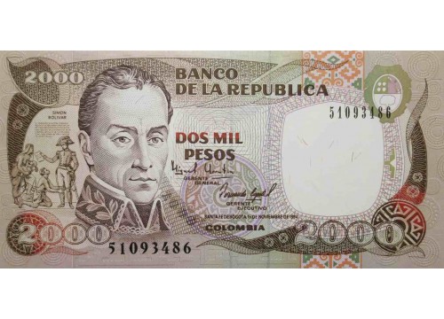Банкнота Колумбия 2000 (две тысячи) песо 1994 год. Pick 439b. UNC