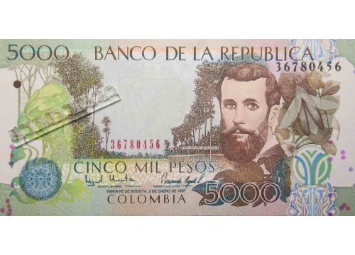 Банкнота Колумбия 5000 (пять тысяч) песо 1997 год. Pick 446. UNC