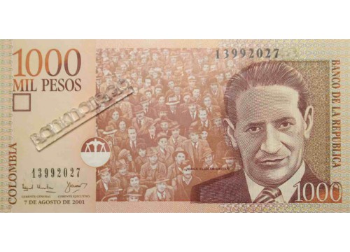 Банкнота Колумбия 1000 (тысяча) песо 2001 год. Pick 450a. UNC
