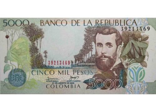 Банкнота Колумбия 5000 (пять тысяч) песо 2008 год. Pick 452j. UNC