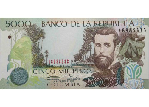 Банкнота Колумбия 5000 (пять тысяч) песо 2012 год. Pick 452n. UNC