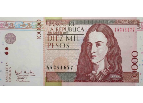Банкнота Колумбия 10000 (десять тысяч) песо 2003 год. Pick 453f. UNC