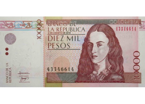Банкнота Колумбия 10000 (десять тысяч) песо 2010 год. Pick 453n. UNC