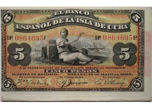 Банкнота Куба 5 (пять) песо 1896 год. Pick 48b. UNC