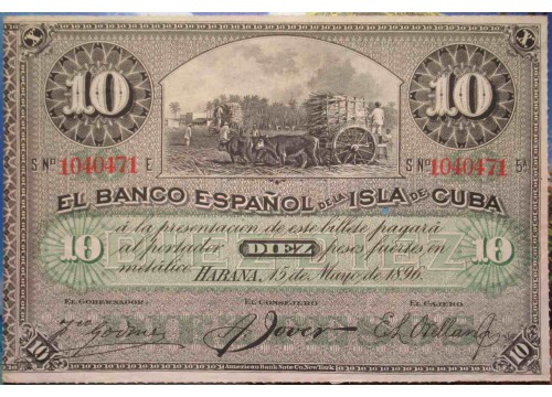 Банкнота Куба 10 (десять) песо 1896 год. Pick 49d. UNC