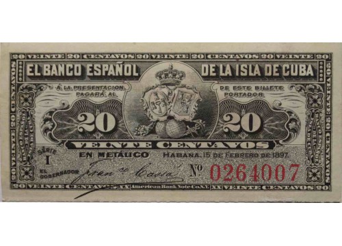 Банкнота Куба 20 (двадцать) сентаво 1897 год. Pick 53. UNC