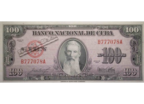 Банкнота Куба 100 (сто) песо 1954 год. Pick 82b. UNC