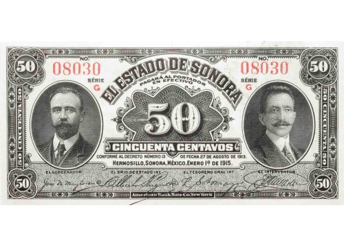 Банкнота Мексика 50 (пятьдесят) сентаво 1915 год. Pick S1070. UNC