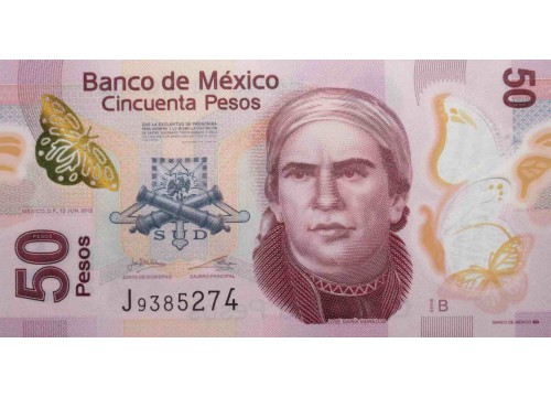 Банкнота Мексика 50 (пятьдесят) песо 2012 год. Pick 123Aa. Серия B. UNC