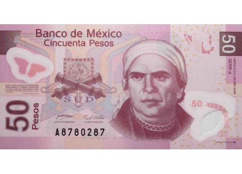 Банкнота Мексика 50 (пятьдесят) песо 2008 год. Pick 123e. Серия J. UNC