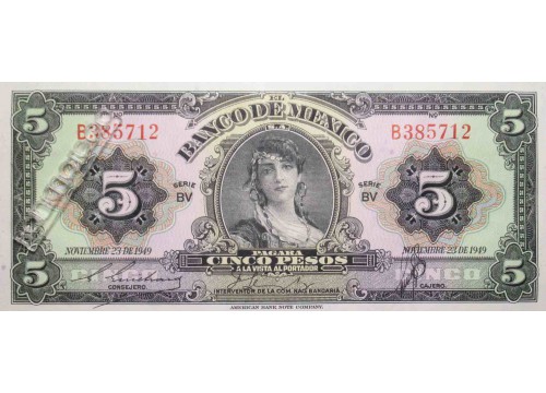 Банкнота Мексика 5 (пять) песо 1949 год. Серия BV. Pick 34k. UNC