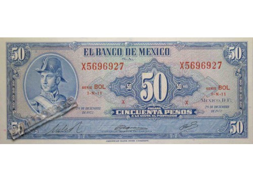 Банкнота Мексика 50 (пятьдесят) песо 1972 год. Серия BOL. Pick 49u2. UNC