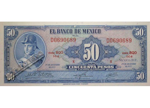 Банкнота Мексика 50 (пятьдесят) песо 1972 год. Серия BQO. Pick 49u3. UNC