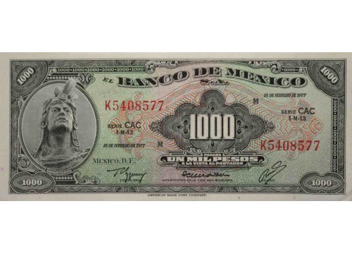 Банкнота Мексика 1000 (тысяча) песо 1977 год. Pick 52t. Серия CBQ. UNC