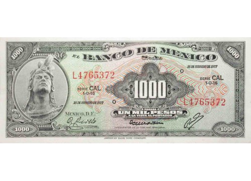 Банкнота Мексика 1000 (тысяча) песо 1977 год. Pick 52f. Серия CAL. UNC