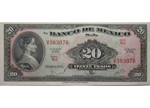 Банкнота Мексика 20 (двадцать) песо 1970 год. Pick 54p. UNC