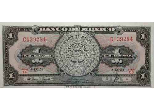 Банкнота Мексика 1 (один) песо 1954 год. Серия ES. Pick 56b3. UNC